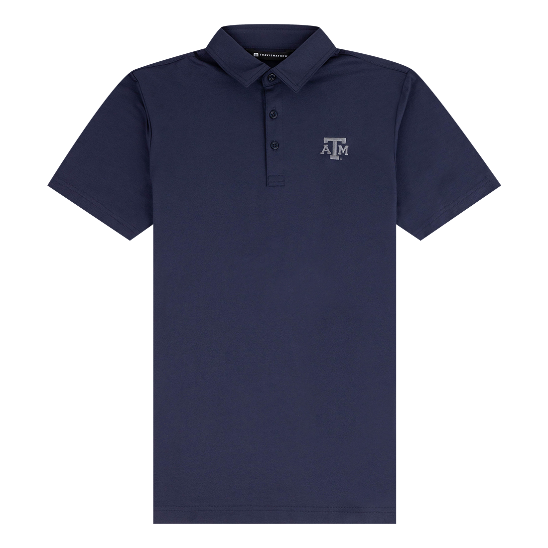 Travis Mathew Navy Texas A&M polo with A&M lettering on the upper left chest.