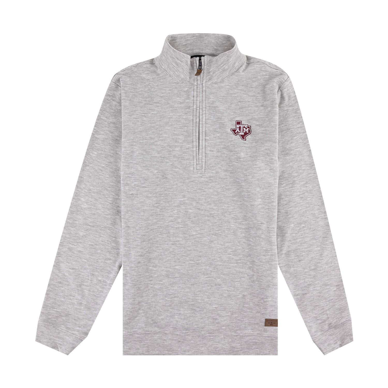 Soft heathered gray quarter zip with lonestar ATM logo on chest