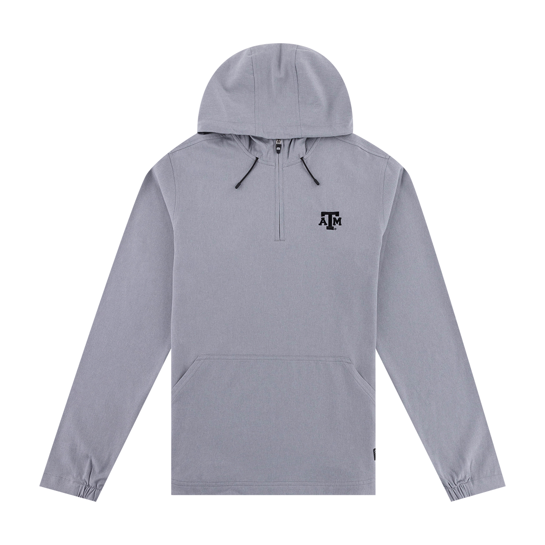 Gray quarter zip hoodie with black ATM logo on the left side of the chest.