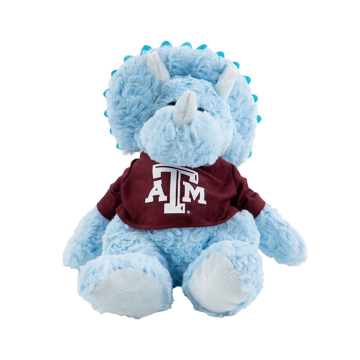 Plush toy triceratops wearing a maroon shirt with a logo