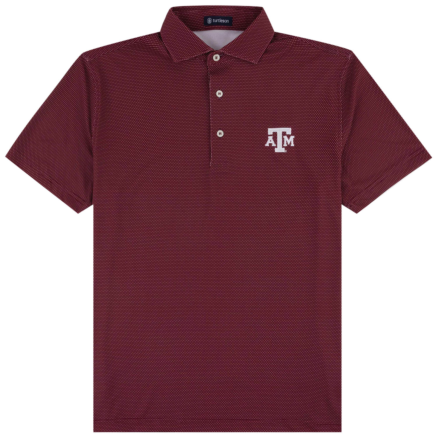 A maroon short-sleeve polo shirt with a polka dot micro-pattern, featuring a white embroidered 'A&M' logo on the left chest. The shirt has a three-button placket and is shown flat against a solid white background.