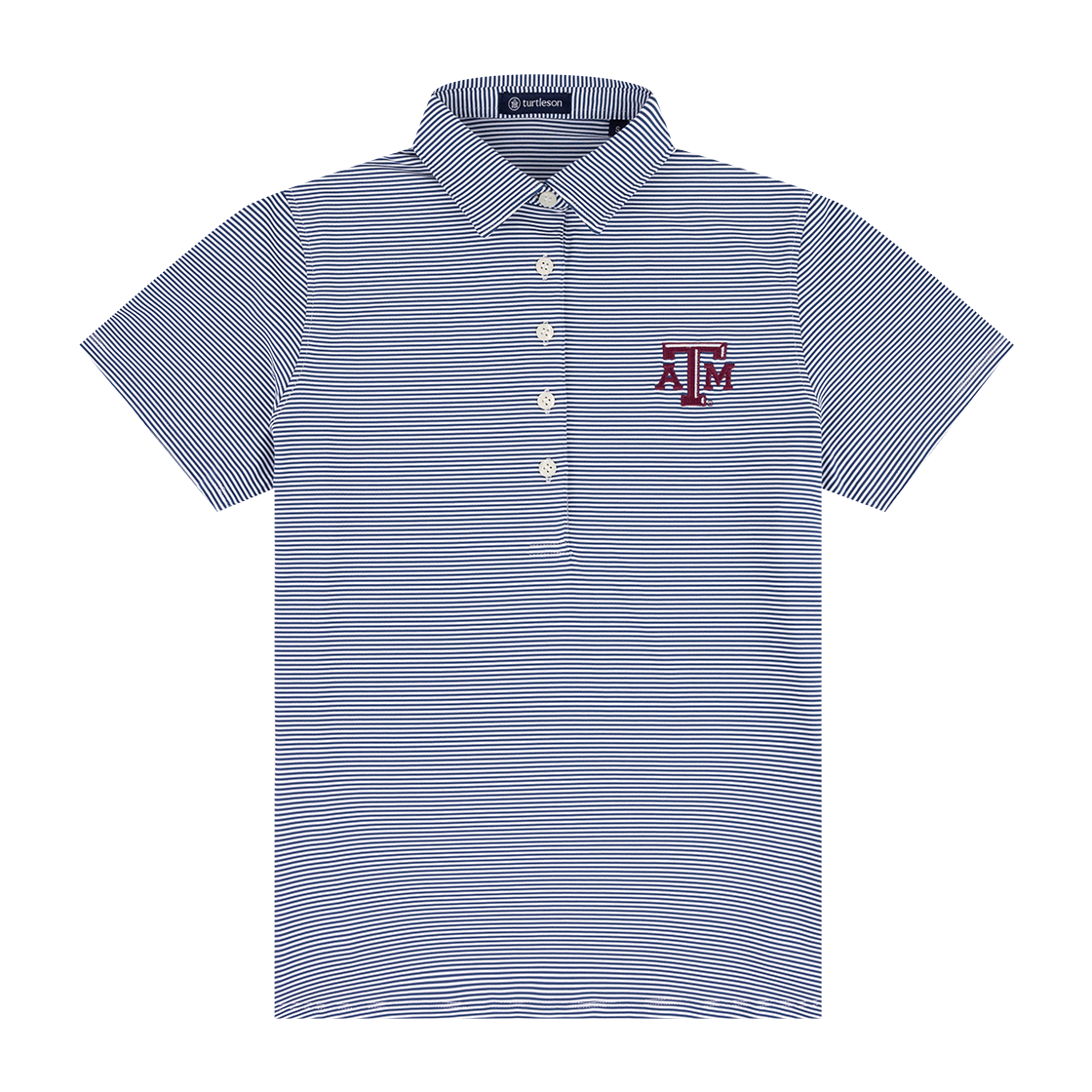 Blue striped polo shirt with Texas A&M  logo on the upper left chest.