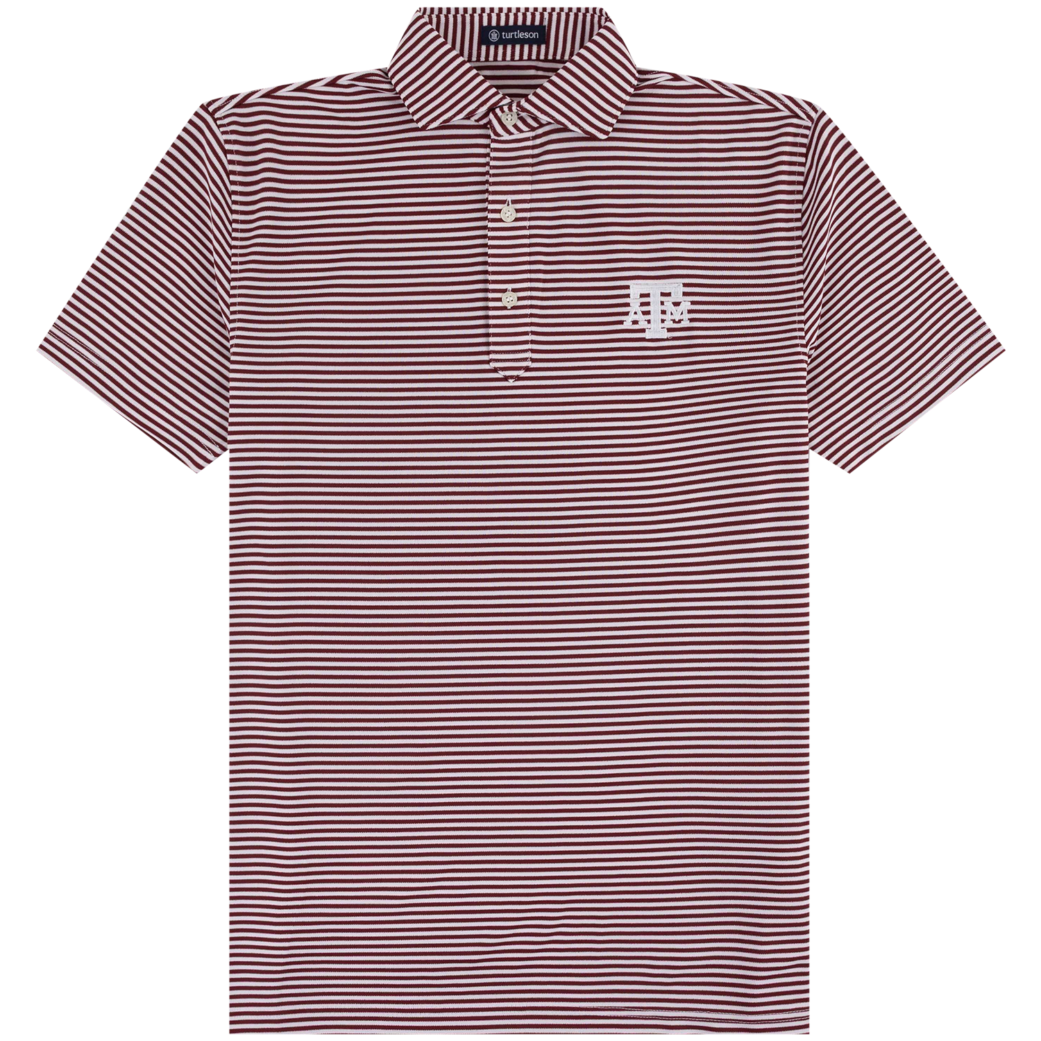 A short-sleeve polo shirt with horizontal maroon and white stripes, featuring a three-button placket and a small white embroidered ATM logo on the left chest.