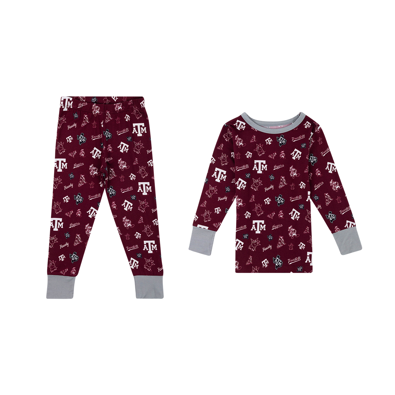 Maroon pajama set with Texas A&M  logo and patterns.