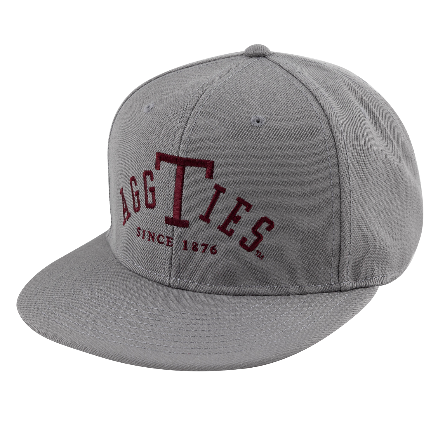 A gray snapback cap with 'AGG TIES SINCE 1876' embroidered in maroon on the front, shown against a plain white background.