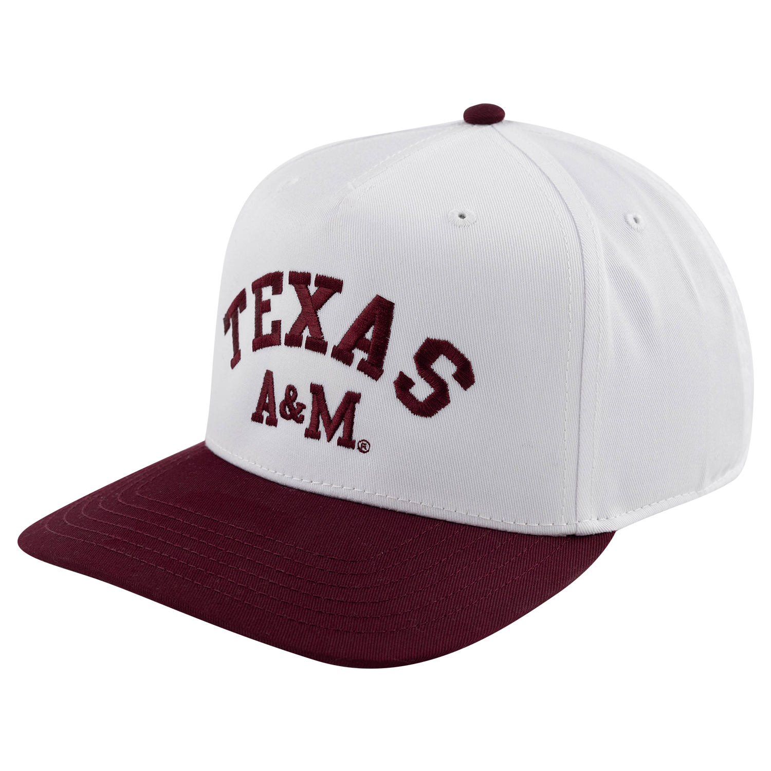 A white structured baseball cap with a maroon flat brim and maroon embroidered 'TEXAS A&M' lettering on the front, shown on a plain white background.