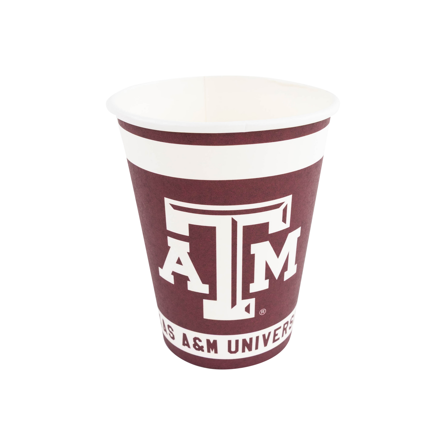 Disposable paper cup in Texas A&M maroon with a white rim band, printed with the block 'ATM' logo and 'Texas A&M University' text.