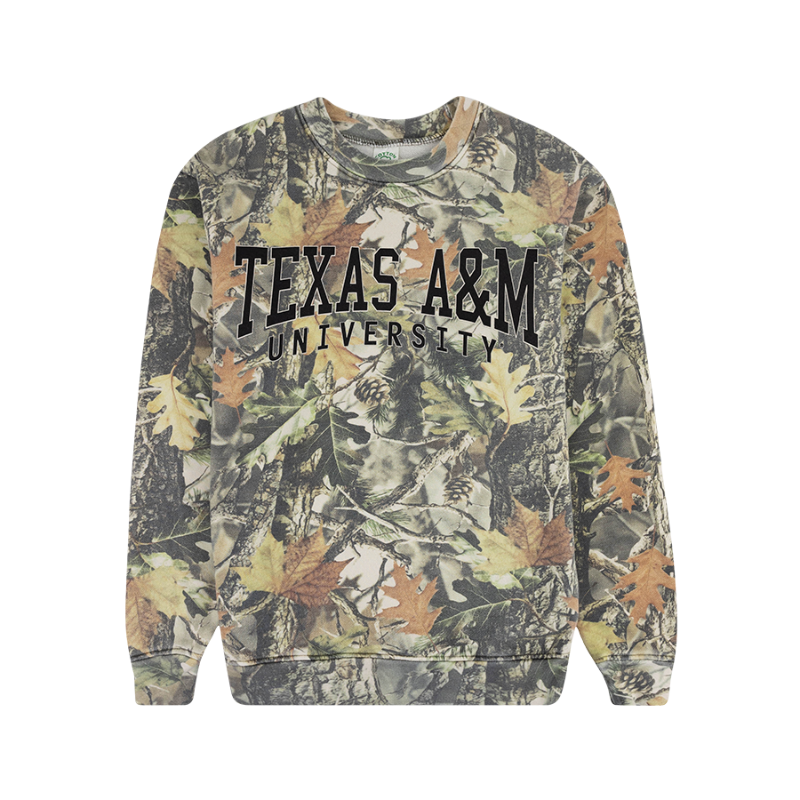 Camouflage-patterned sweatshirt with 'Texas A&M University' text in black.