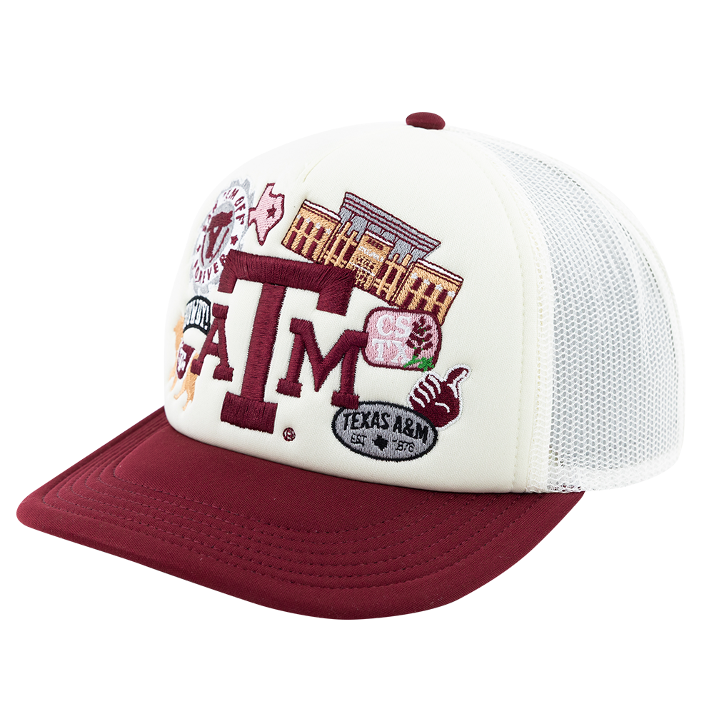 White puff trucker hat with maroon ATM logo and other Aggie symbols