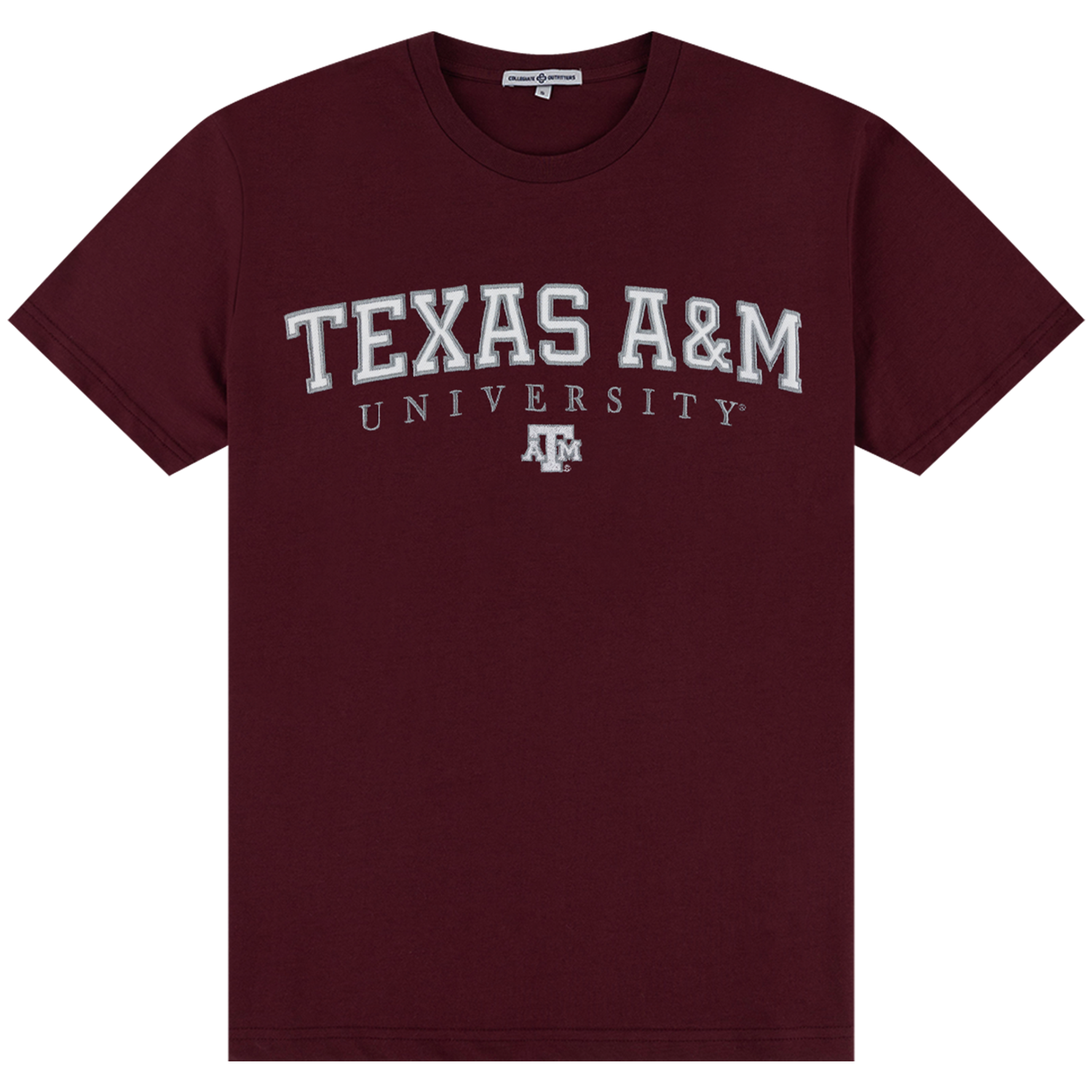 A maroon short-sleeve crewneck t-shirt featuring 'TEXAS A&M UNIVERSITY' and the 'Texas A&M' logo embroidered in white on the chest.