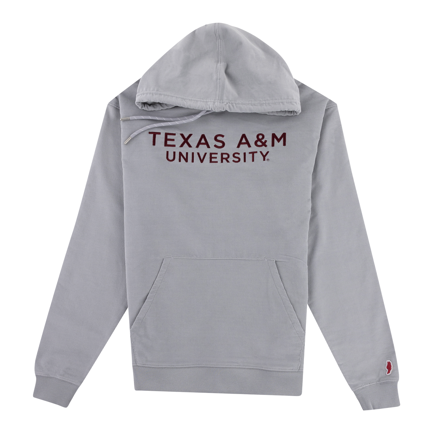 Gray corded hoodie with "TEXAS A&M UNIVERSITY" in maroon