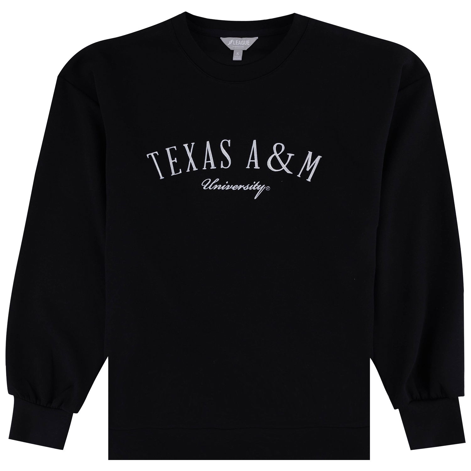 A black crewneck sweatshirt with 'TEXAS A&M University' printed in white across the chest, displayed on a clean white background.