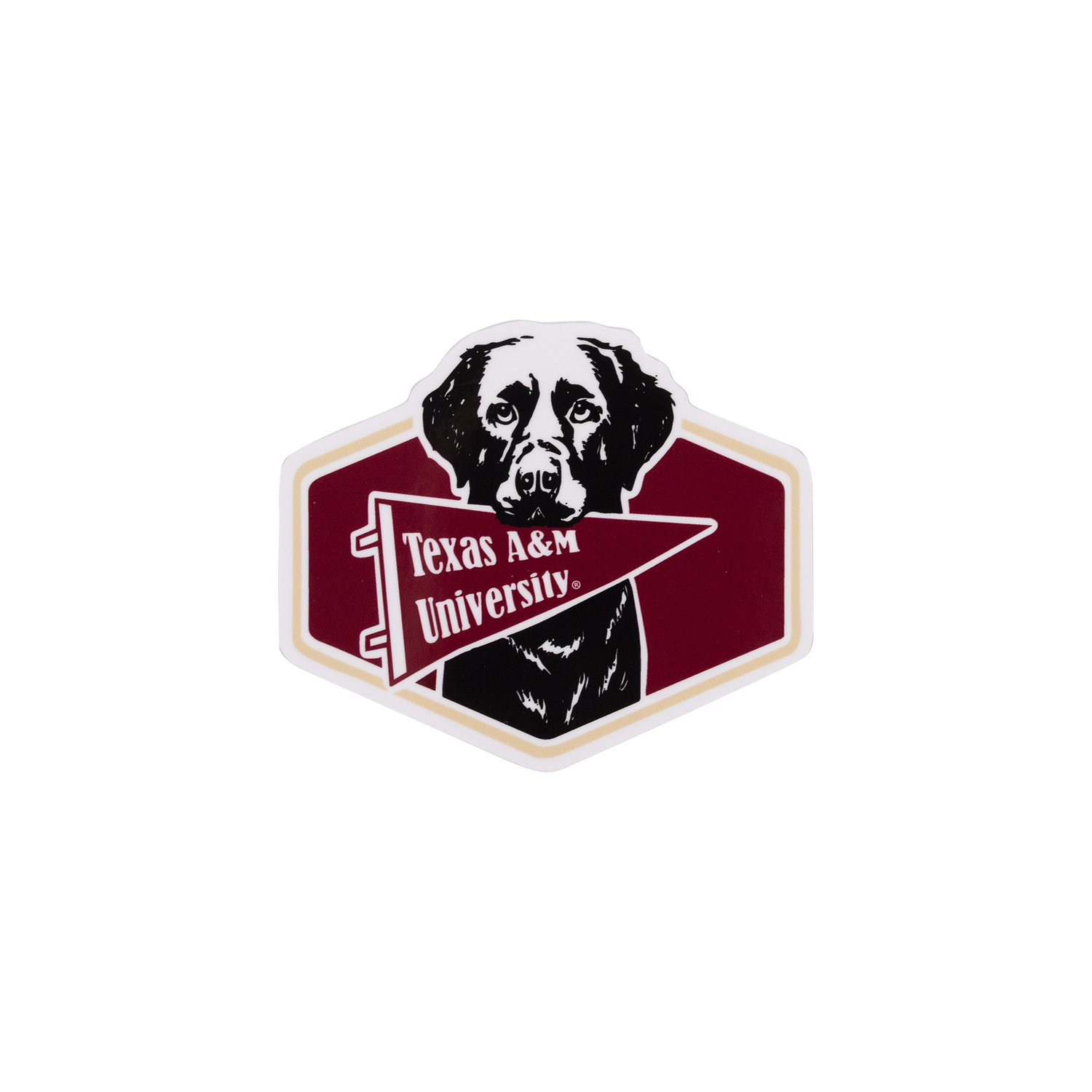 A Texas A&M University enamel pin featuring a black and white dog head over a maroon shield with a white pennant that reads 'Texas A&M University.' on a plain white background.