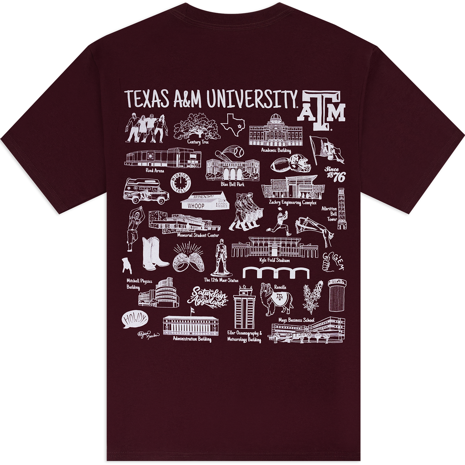 A maroon short-sleeve t-shirt with a detailed white graphic print on the back featuring 'TEXAS A&M UNIVERSITY' and the 'A&M' logo, surrounded by various white line drawings of campus landmarks, symbols, and figures.