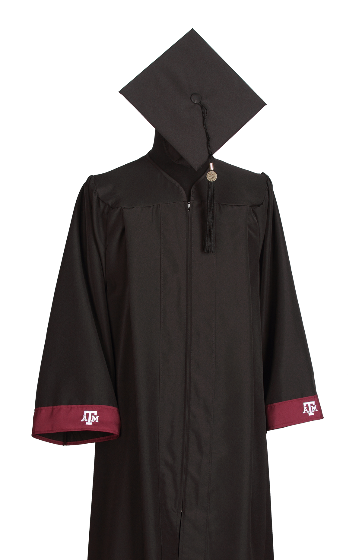 Texas A&M black graduation gown and mortarboard with maroon sleeve cuffs featuring white Texas A&M logos and a black tassel with a gold medallion.