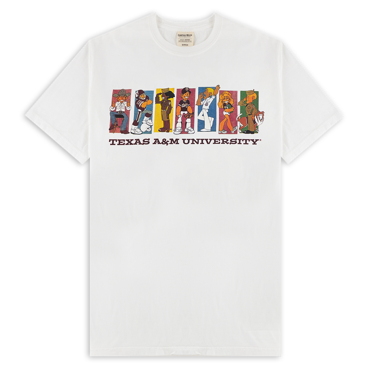 White t-shirt with vintage Texas A&M students and "Texas A&M University" in maroon.