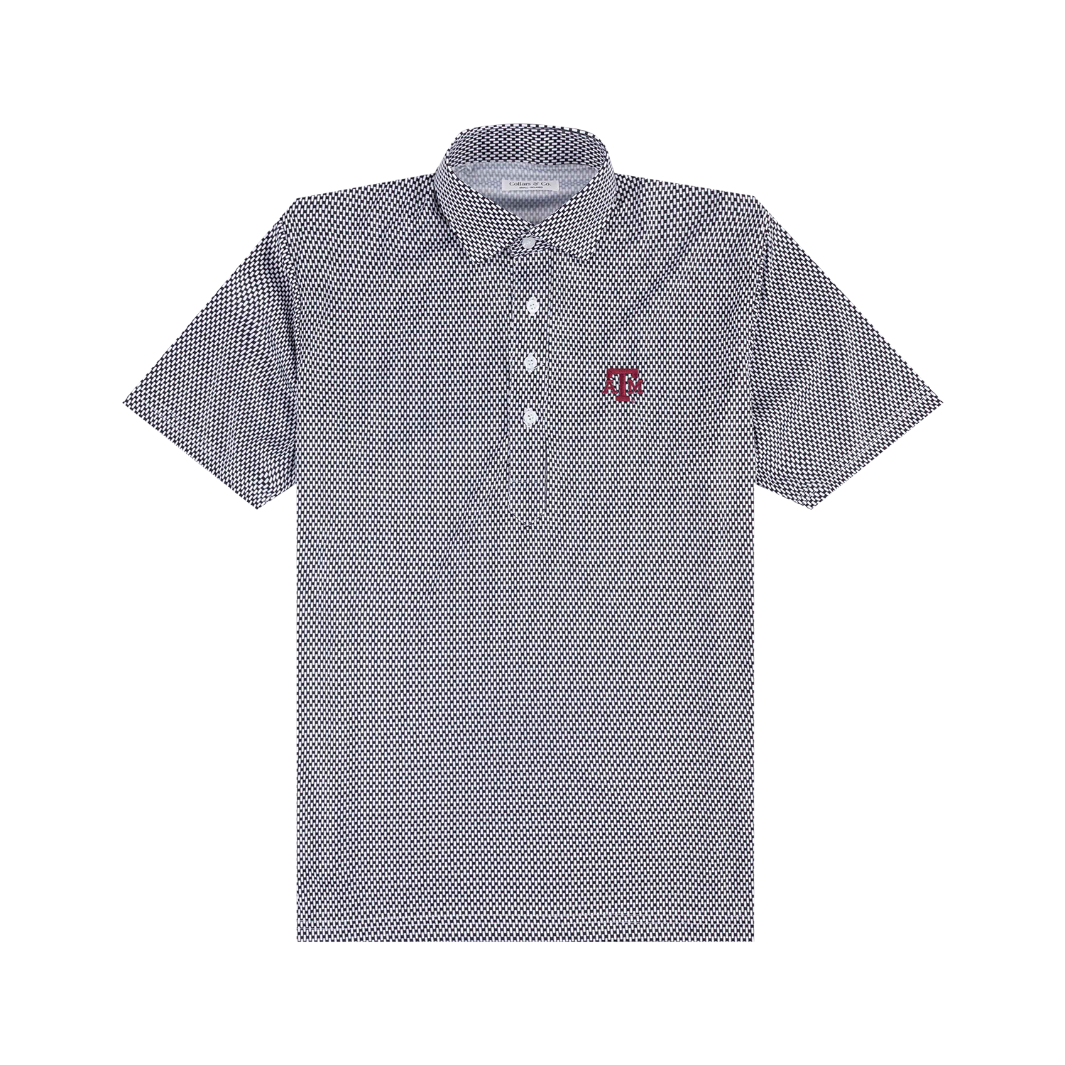 A short-sleeve polo shirt with a fine black and white micro-pattern, featuring a three-button placket and a small maroon embroidered ATM logo on the left chest.