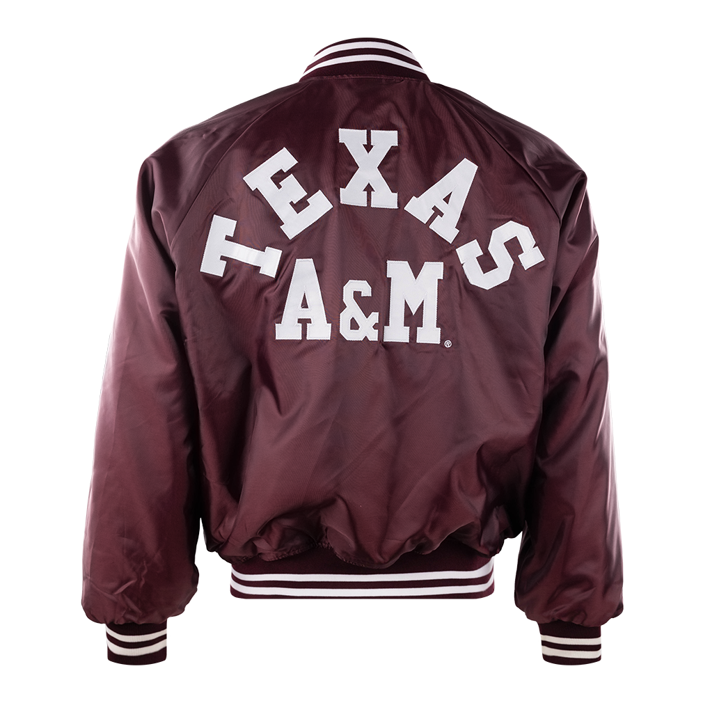 Maroon varsity bomber jacket with "TEXAS A&M" in white on the back