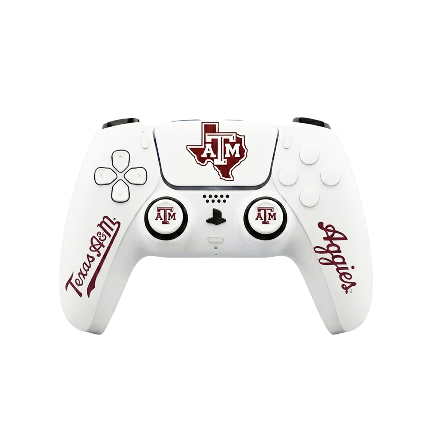 White Texas A&M PlayStation controller featuring maroon Texas A&M logos, Aggies script, and branded thumbsticks.