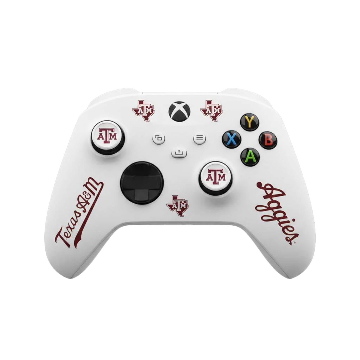 White Texas A&M Xbox controller cover featuring maroon Texas A&M logos, Aggies script, and branded thumbsticks and buttons.