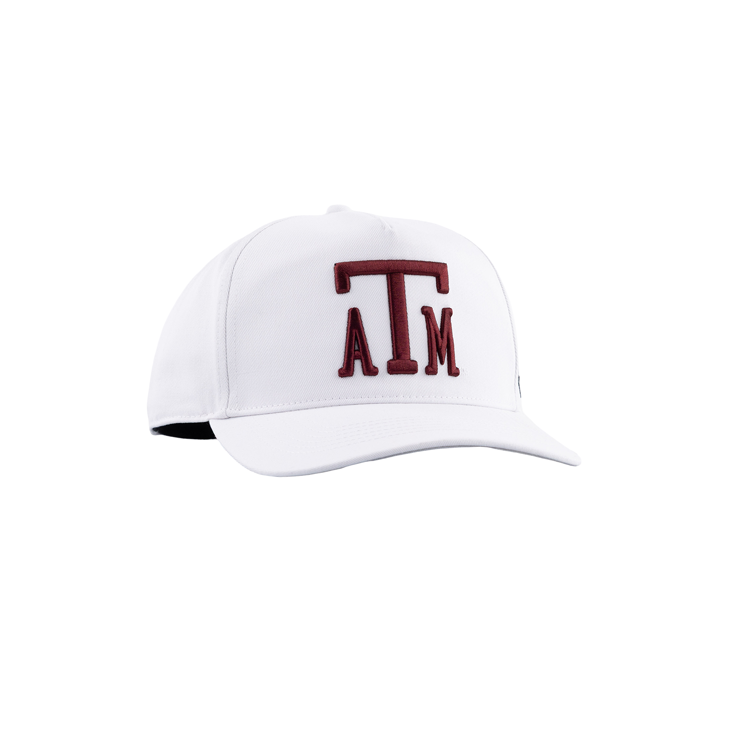 A white baseball cap featuring a dark maroon embroidered 'ATM' logo on the front, representing the Texas A&M University brand, set against a plain white background.