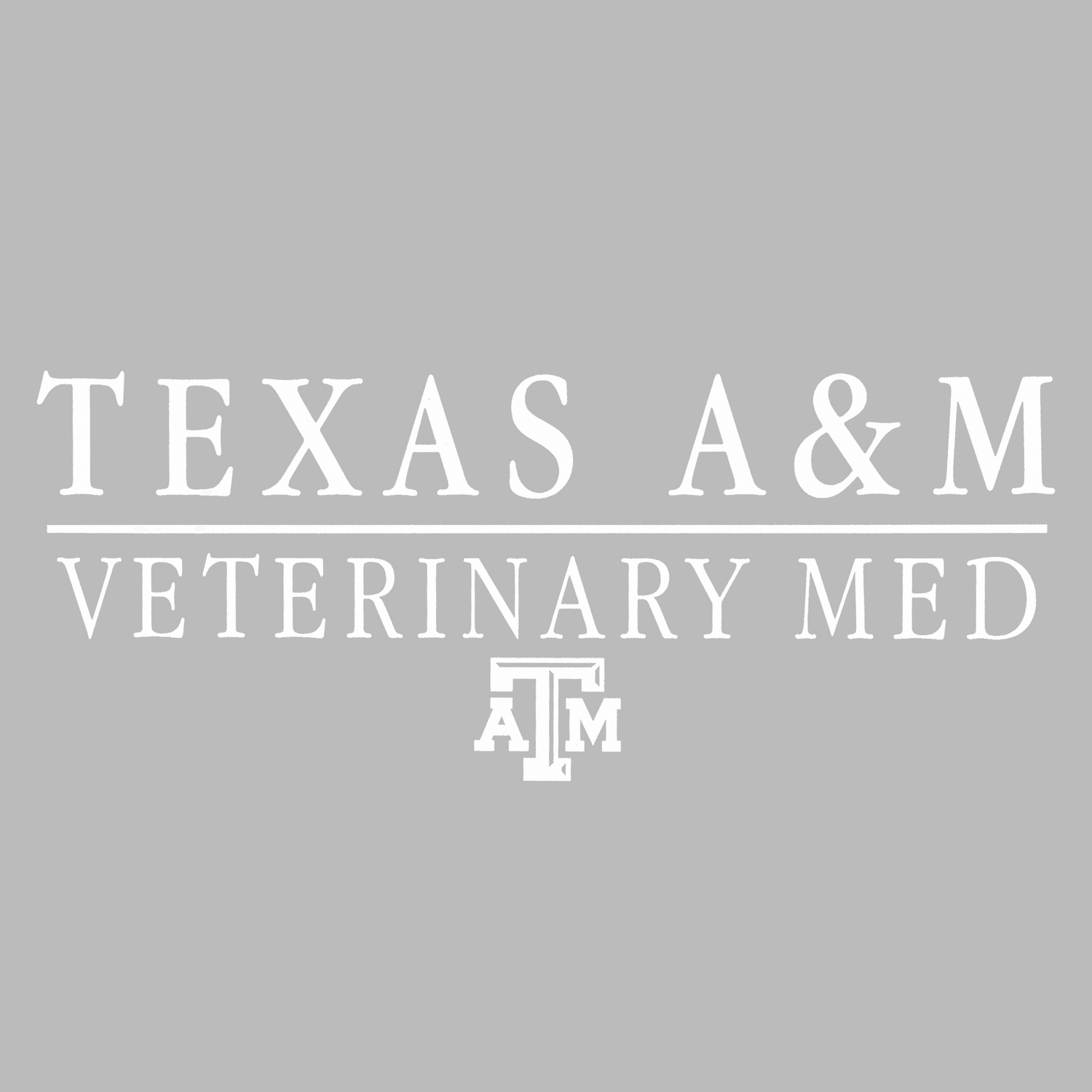 White Texas A&M Veterinary Med vinyl decal with Texas A&M logo on grey background.