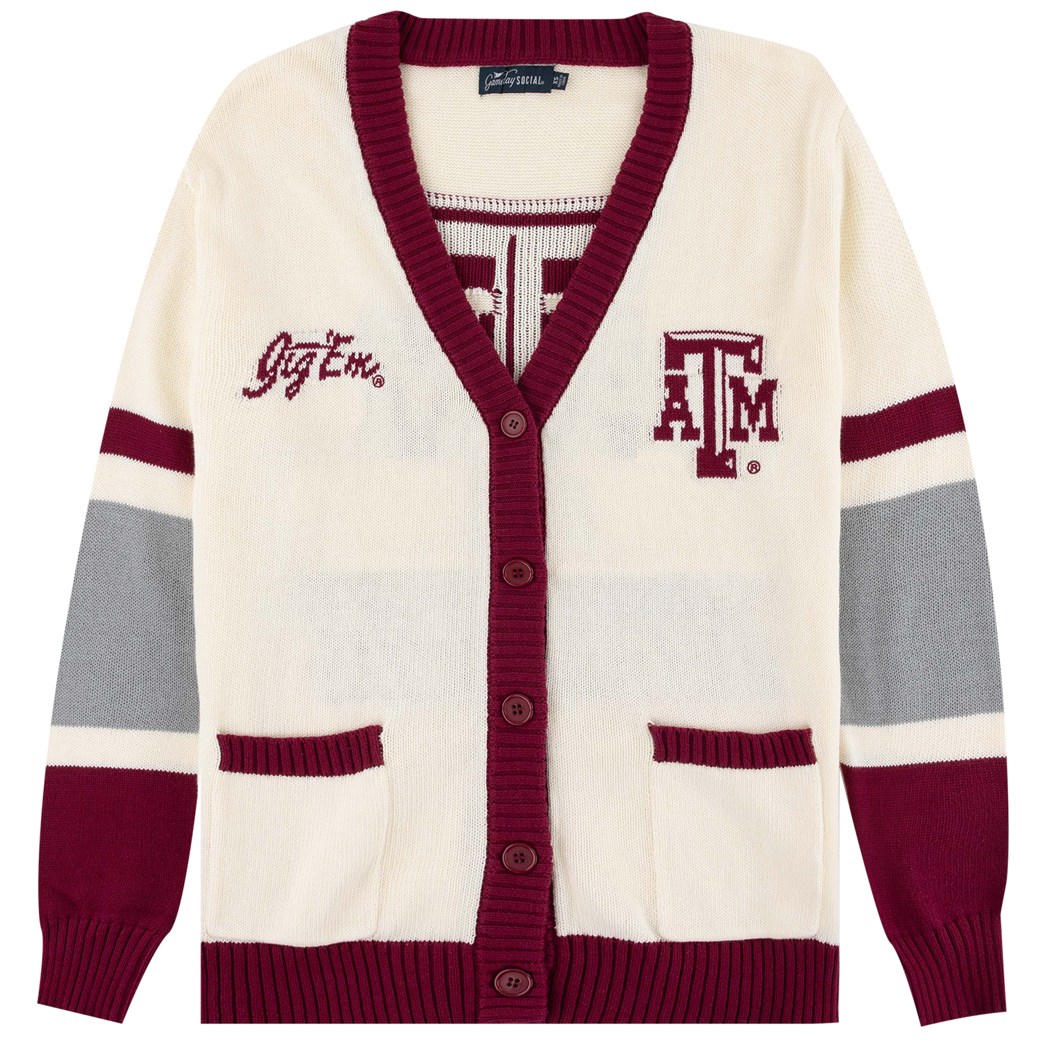 Cream cardigan sweater with maroon ribbed trim, featuring "Gig 'Em" script embroidery and Texas A&M logo on the chest, maroon and gray varsity stripe sleeve detailing, front pockets, and button-front closure.