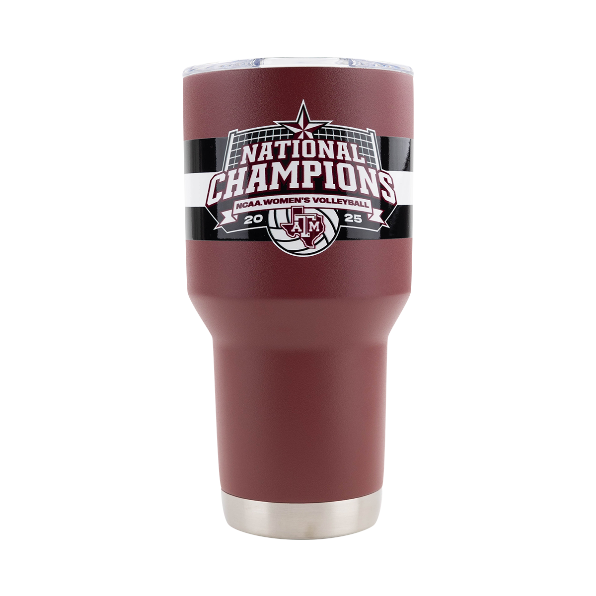 Maroon tumbler with "National Champions 2025" and the Texas A&M lone-star emblem.