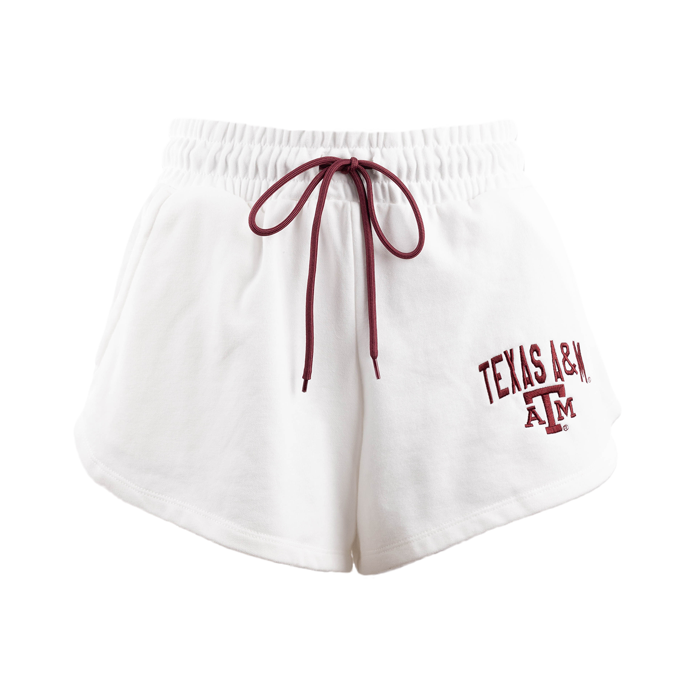 White shorts with maroon tie and "Texas A&M" in maroon