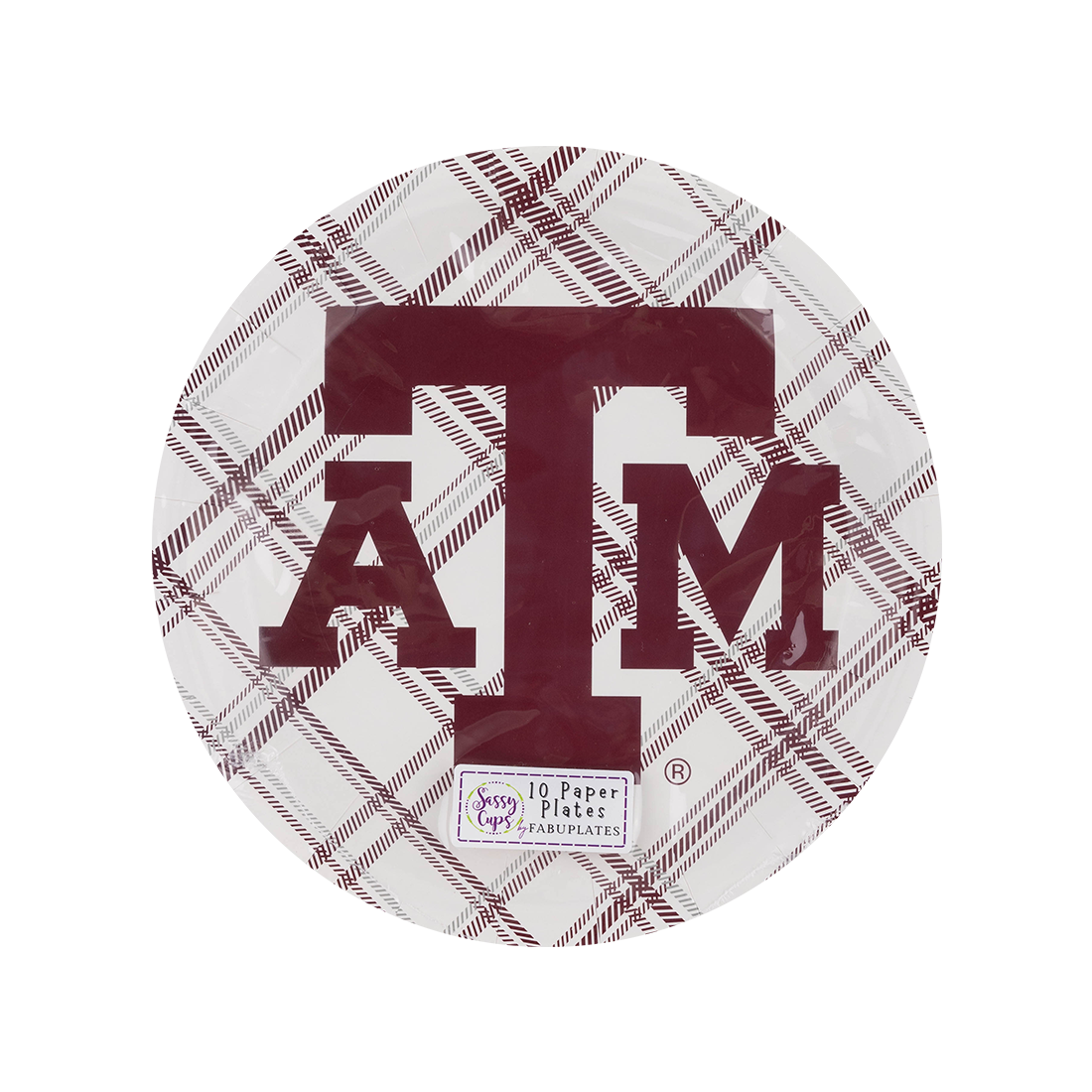 Paper plates with the Texas A&M logo in maroon on the center of the shirt.
