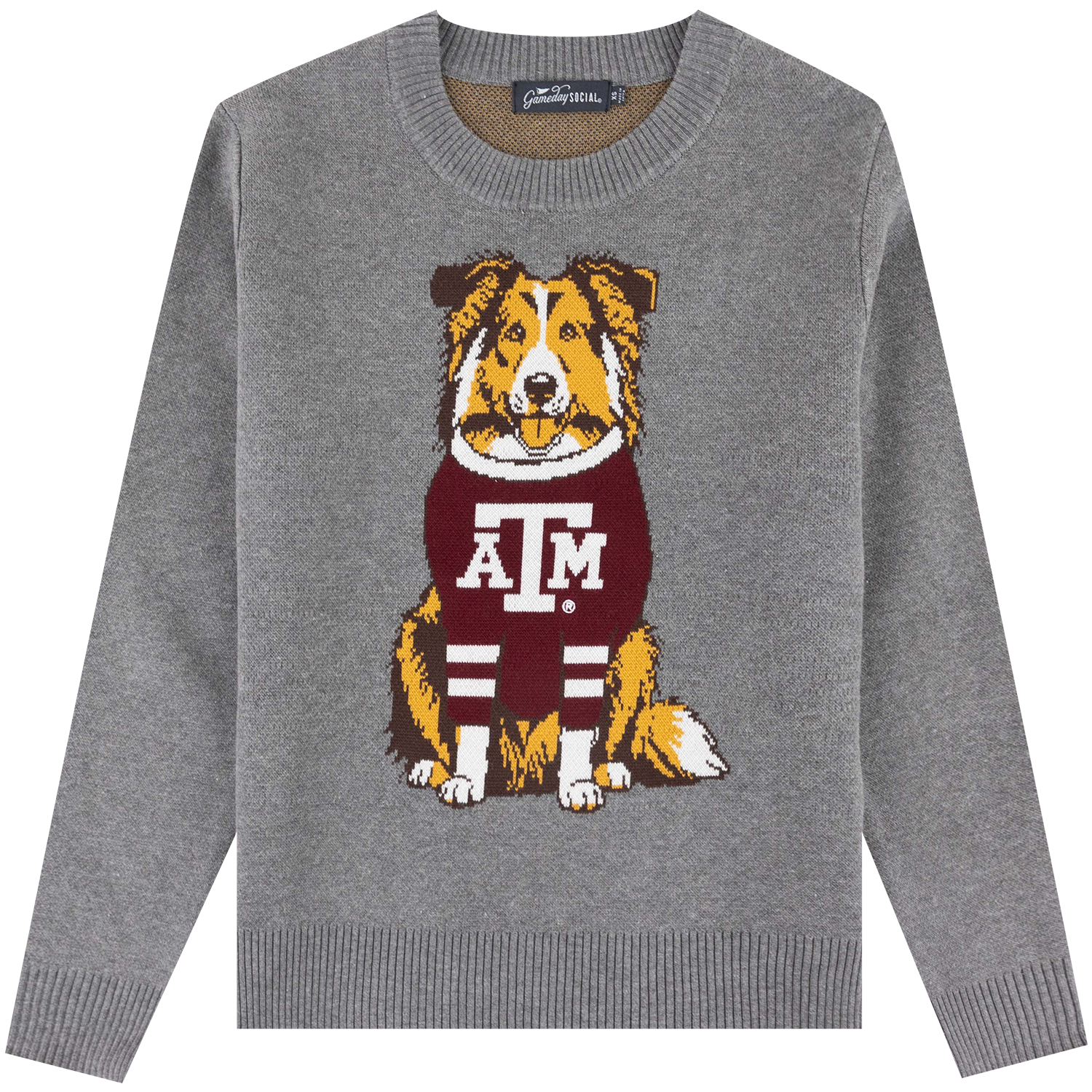 Texas A&M women's gray sweater featuring a knit illustration of Reveille wearing a maroon Texas A&M sweater, with ribbed crew neckline, cuffs, and hem.
