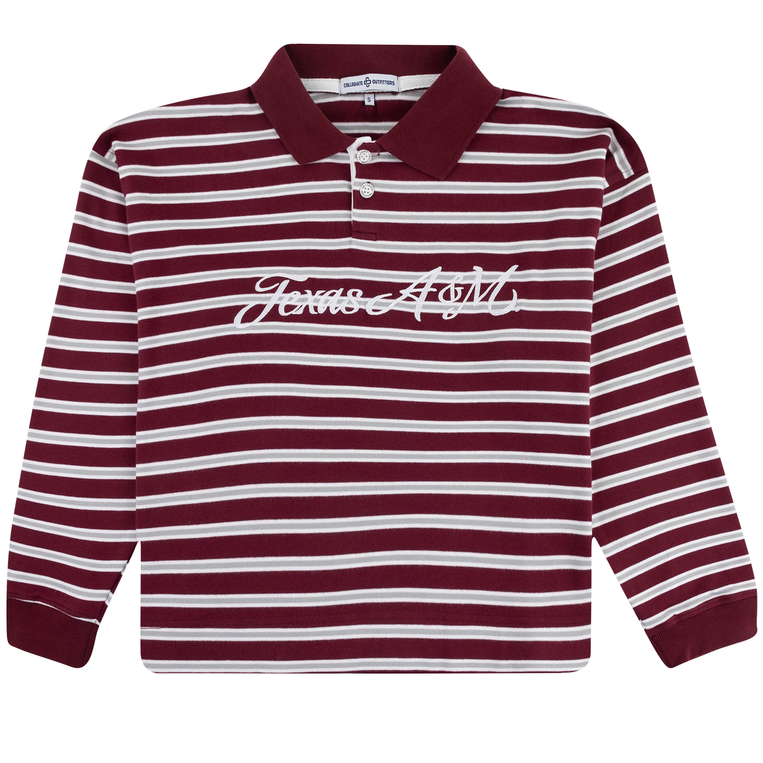 Texas A&M long-sleeve polo shirt featuring maroon and white horizontal stripes, a maroon collar, and white script Texas A&M lettering across the chest.