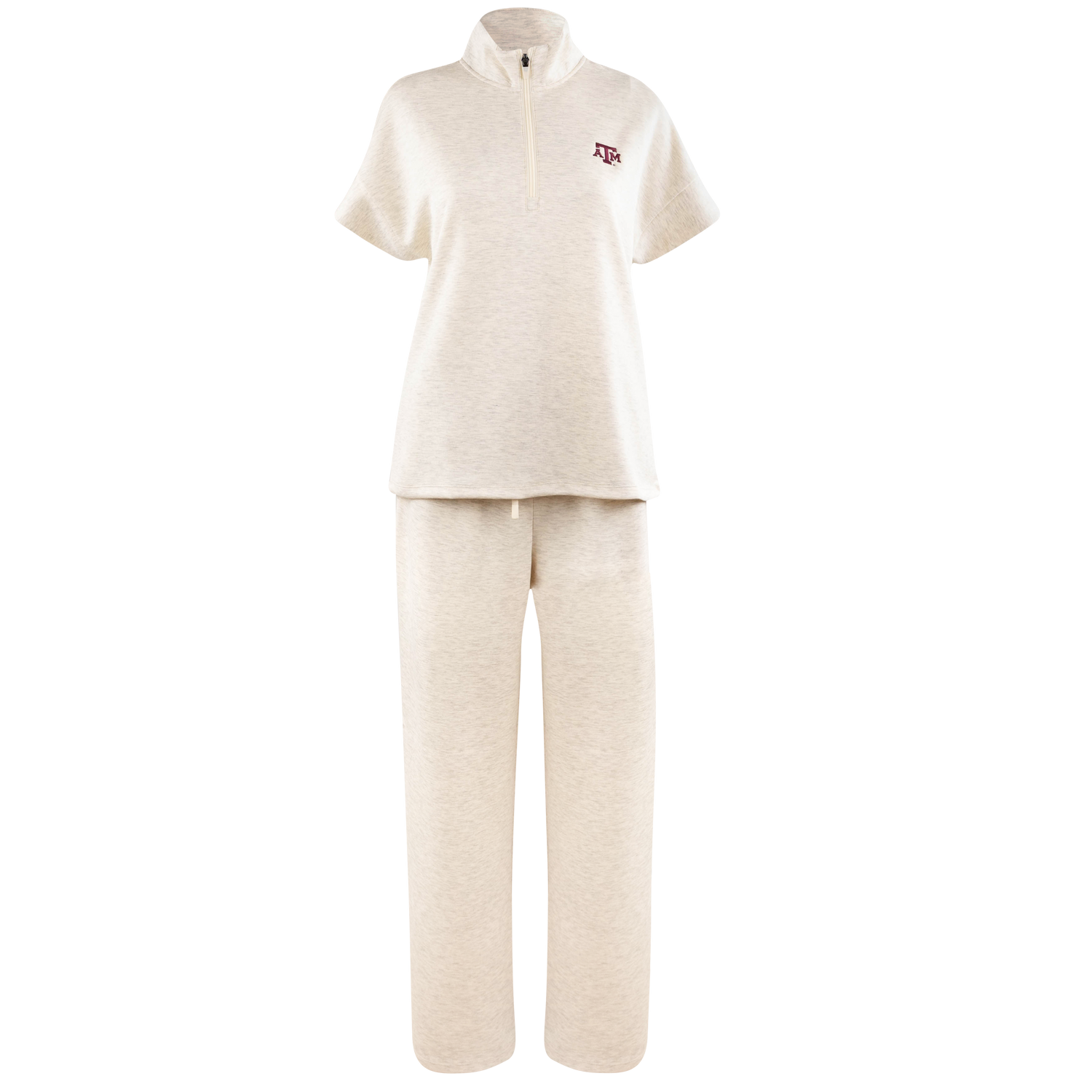 Cream Texas A&M matching lounge set featuring a short-sleeve quarter-zip pullover with a maroon ATM logo and coordinating relaxed-fit pants.