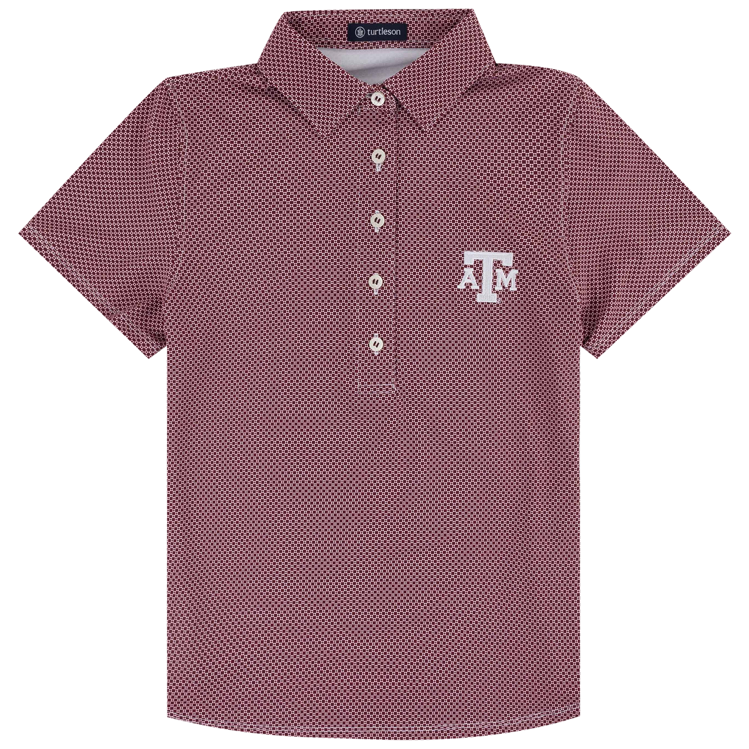 A short-sleeve polo shirt in a maroon and white micro-pattern, featuring a white embroidered 'Texas A&M' logo on the left chest. The shirt has a five-button placket and is displayed on a clean white background.