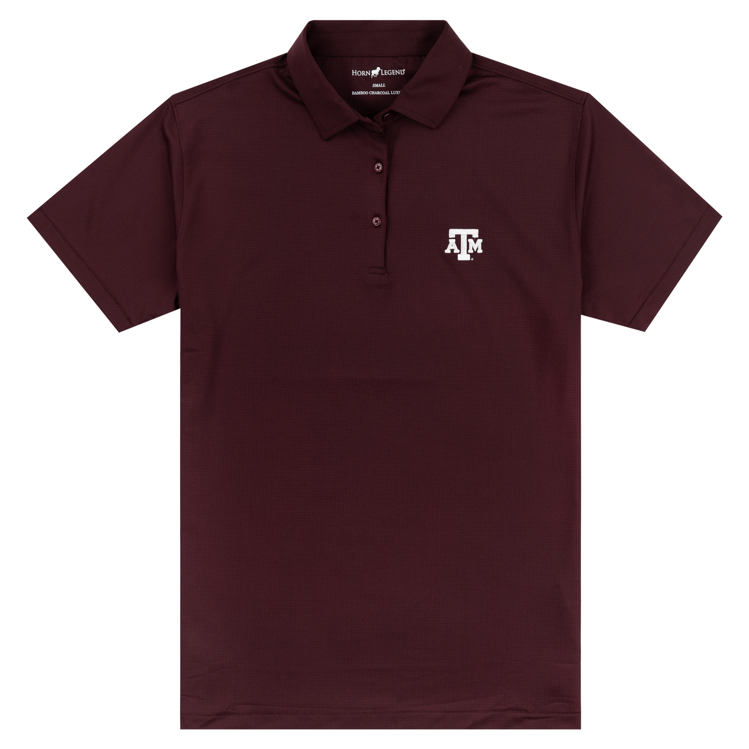 A womens maroon polo with a white A&M logo printed on the left chest
