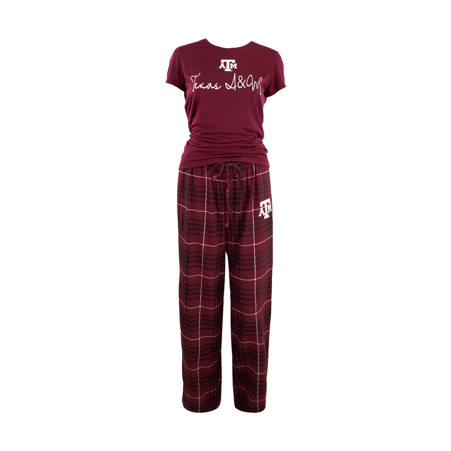 Maroon pajama set with maroon t-shirt that reads "Texas A&M' in white with plaid pajama pants with a white ATM logo on the left pant leg.