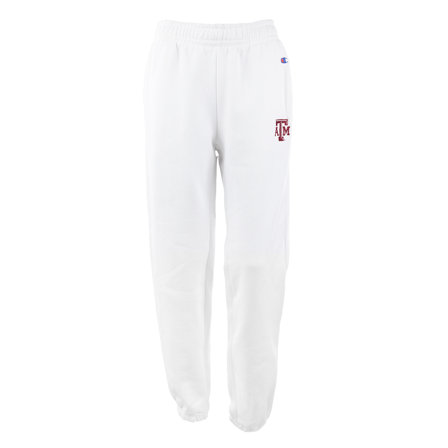 White sweatpants with maroon, beveled ATM logo on the left pant leg.