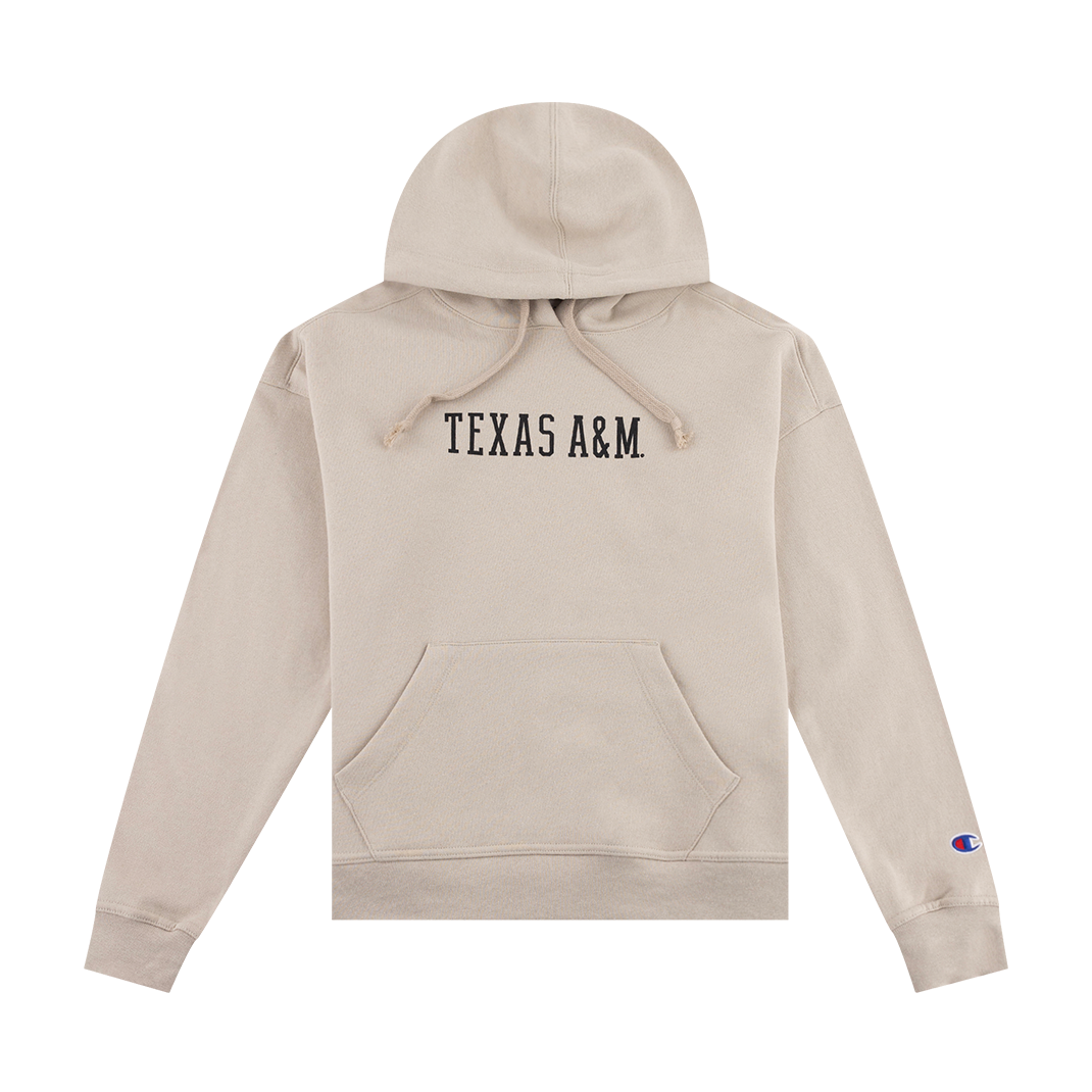 Tan hoodie with "TEXAS A&M" in black.