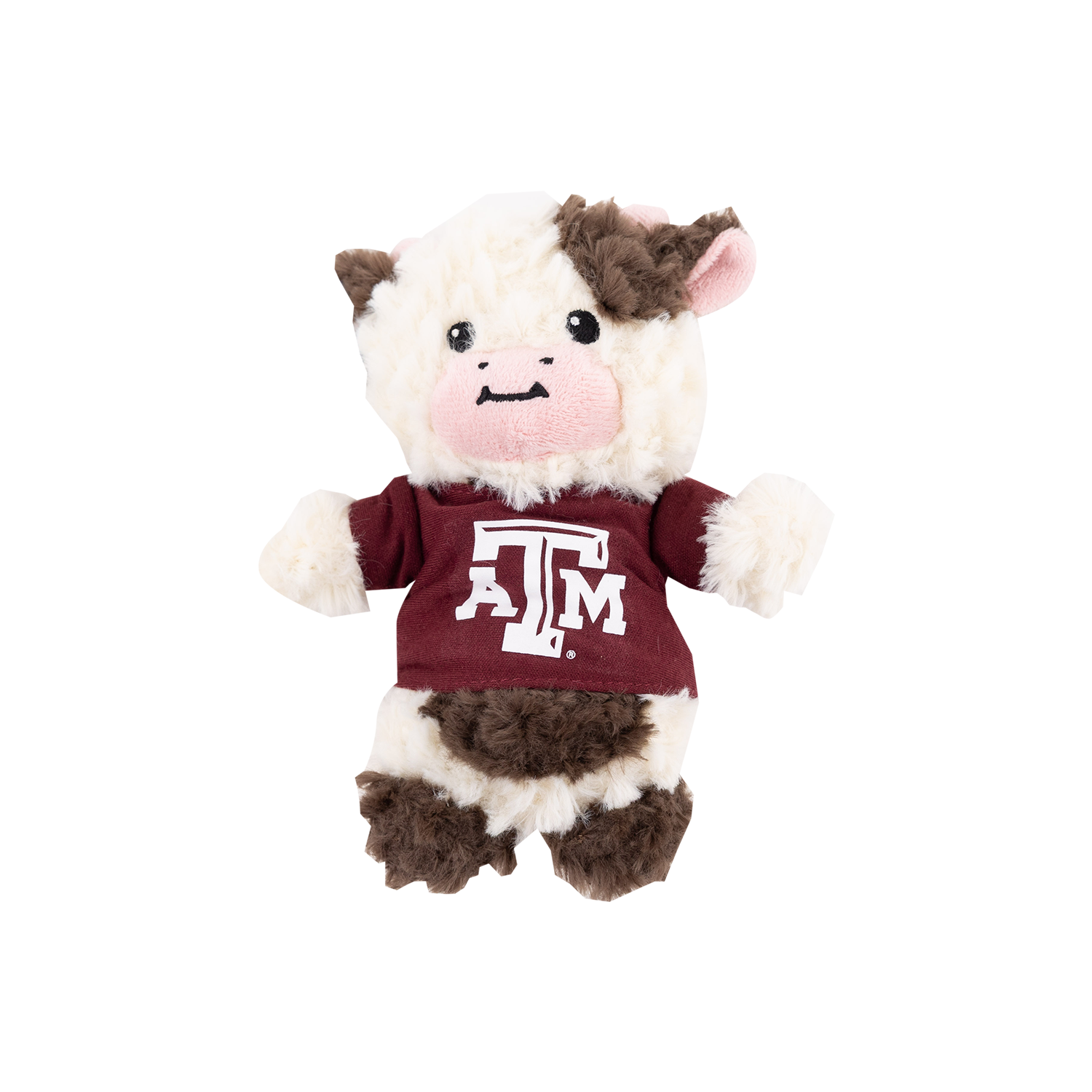 Plush toy cow wearing a Texas A&M shirt on a white background