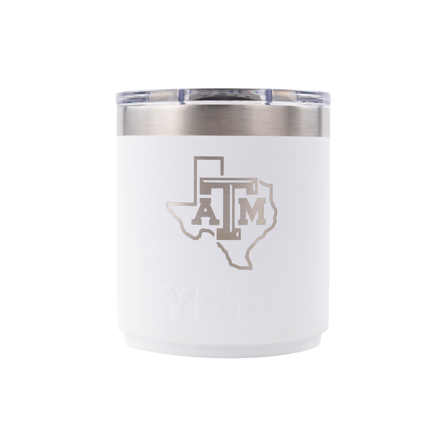 White 10oz YETI rambler with silver ATM logo