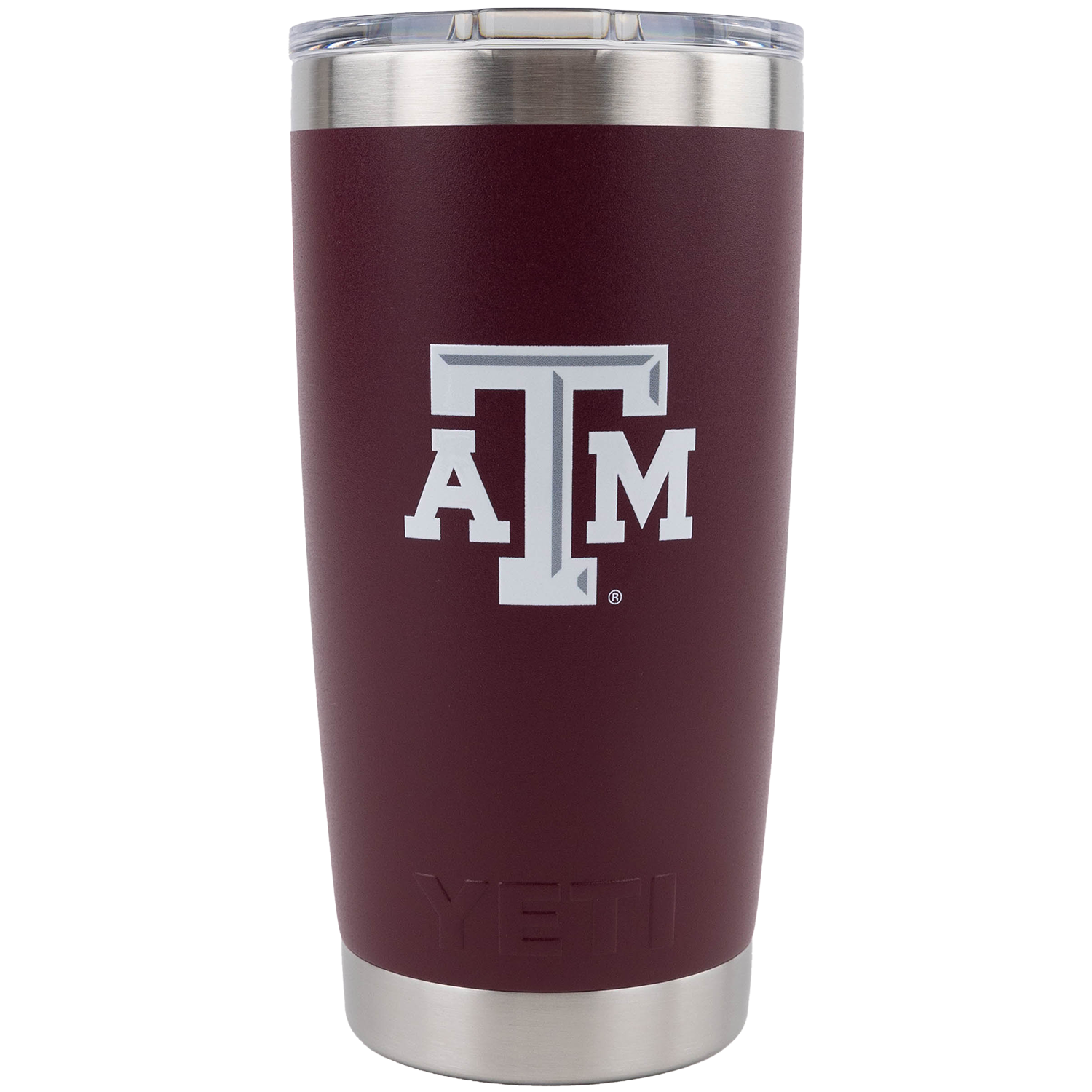 A dark maroon YETI insulated tumbler with a stainless steel lid and base, featuring the white Texas A&M 'ATM' logo in the center.