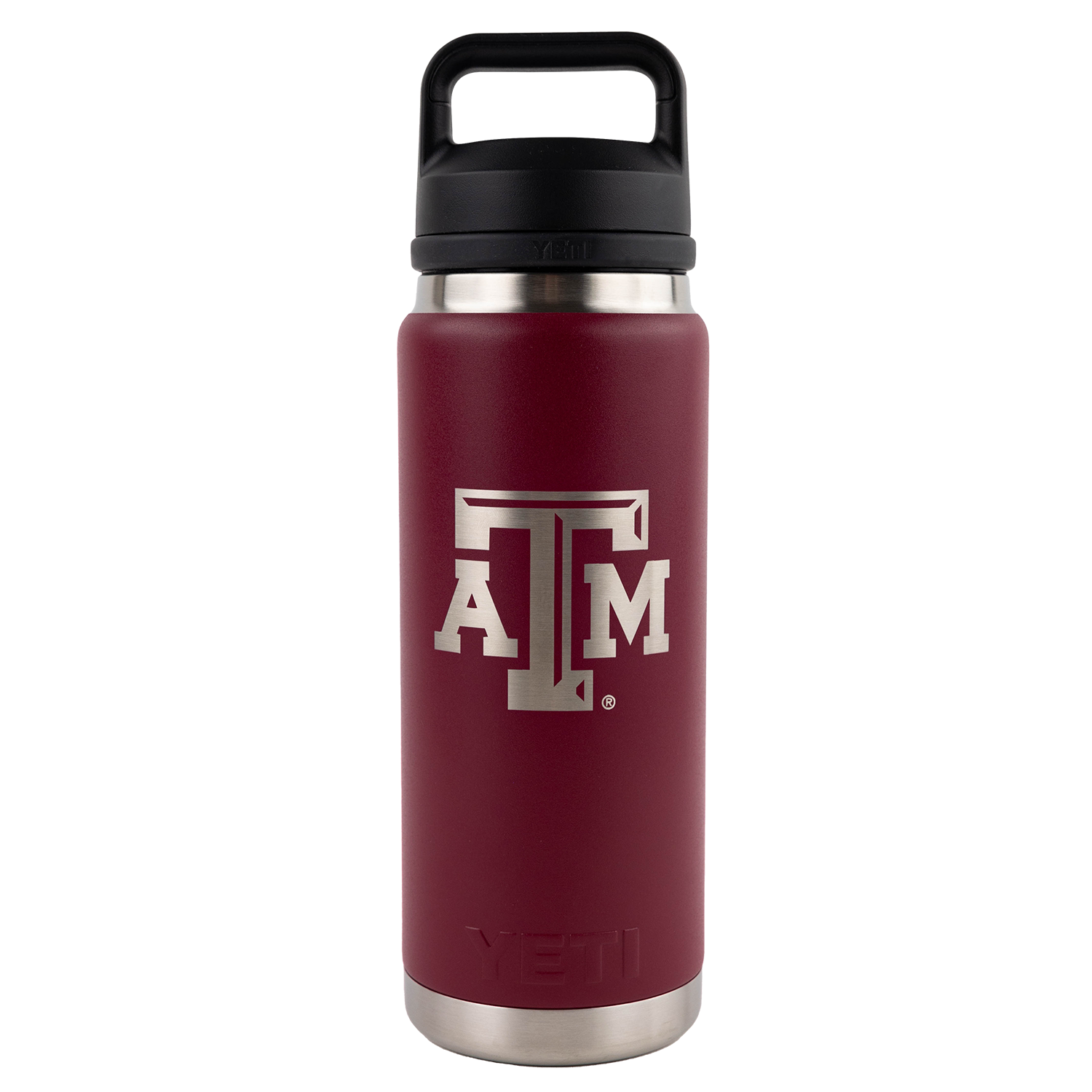 A YETI insulated water bottle in maroon with a black lid and a silver 'A&M' logo on the front, set against a plain white background.