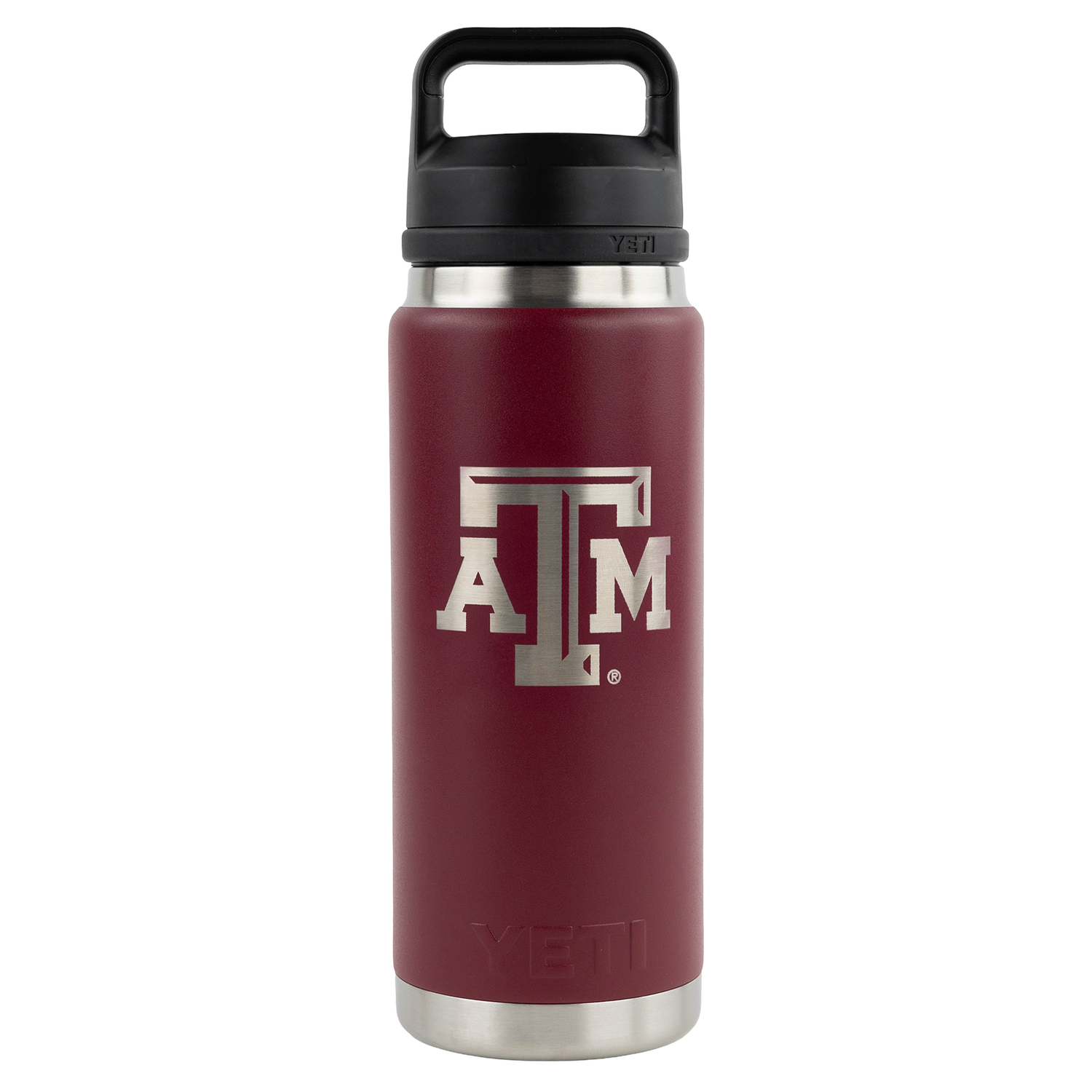 A YETI insulated water bottle in maroon with a black lid and a silver Texas A&M 'A&M' logo on the front, set against a plain white background.