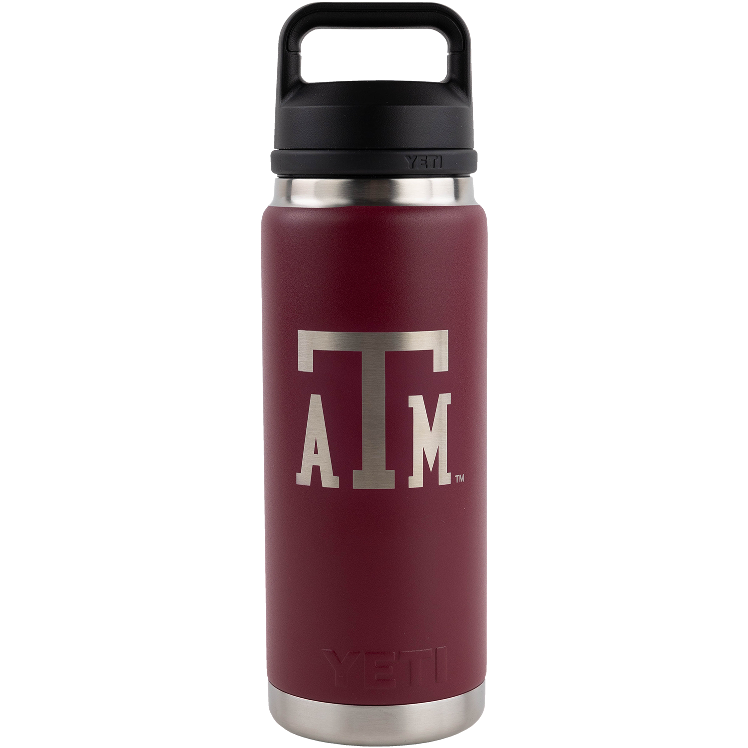 A maroon Yeti stainless steel water bottle featuring a silver Texas A&M "ATM" logo printed on the front and a black carrying handle cap.   