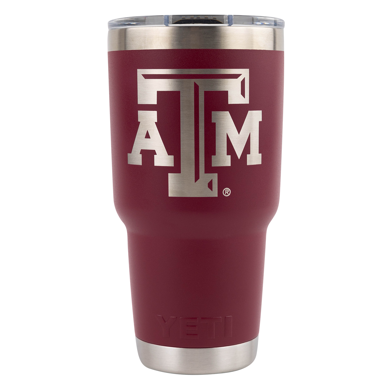 A Yeti 30oz stainless steel travel tumbler in maroon with a silver laser-etched Texas A&M 'A&M' logo on the front and a clear lid.