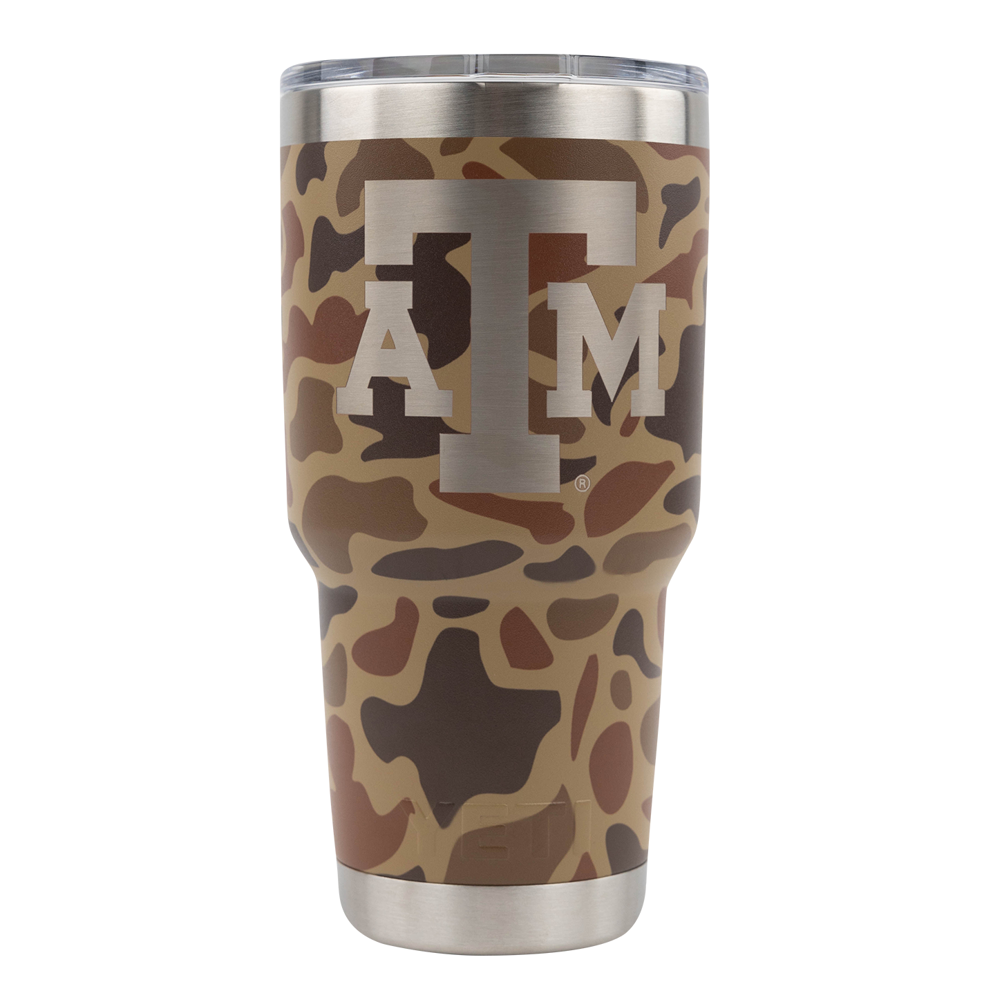 Camouflage-patterned tumbler with the Texas A&M logo on it in sliver.