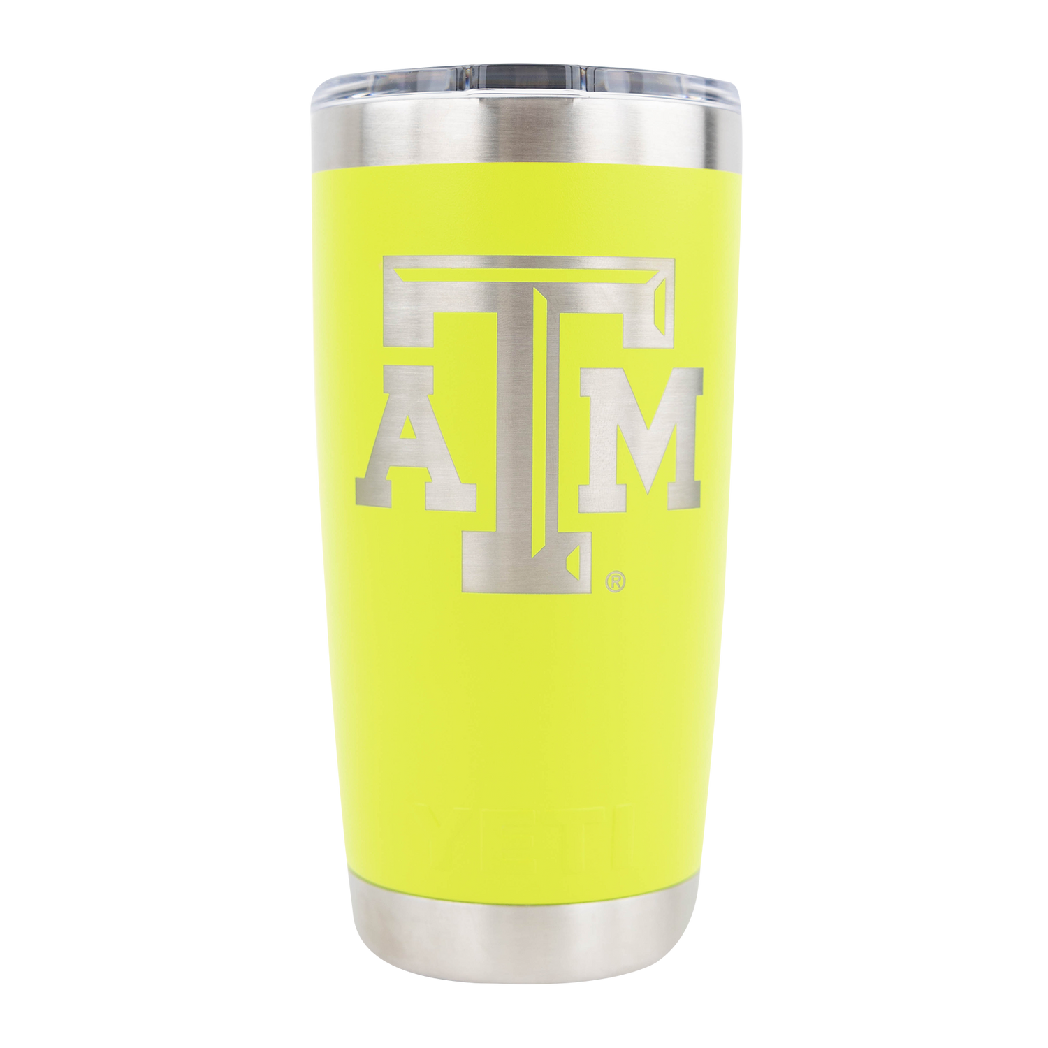 Yellow tumbler with metallic ATM logo