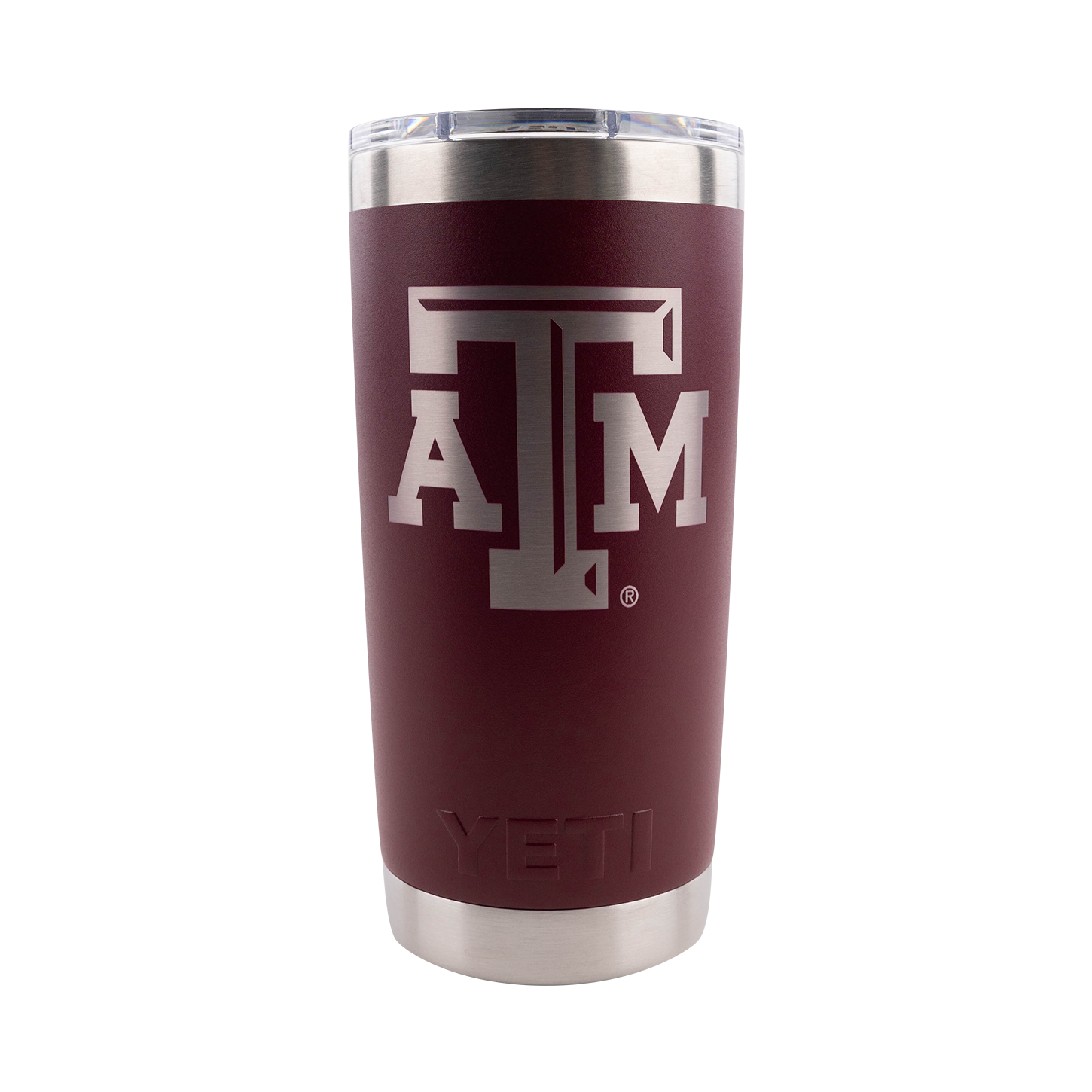 Maroon 20oz Yeti tumbler with silver, beveled ATM logo