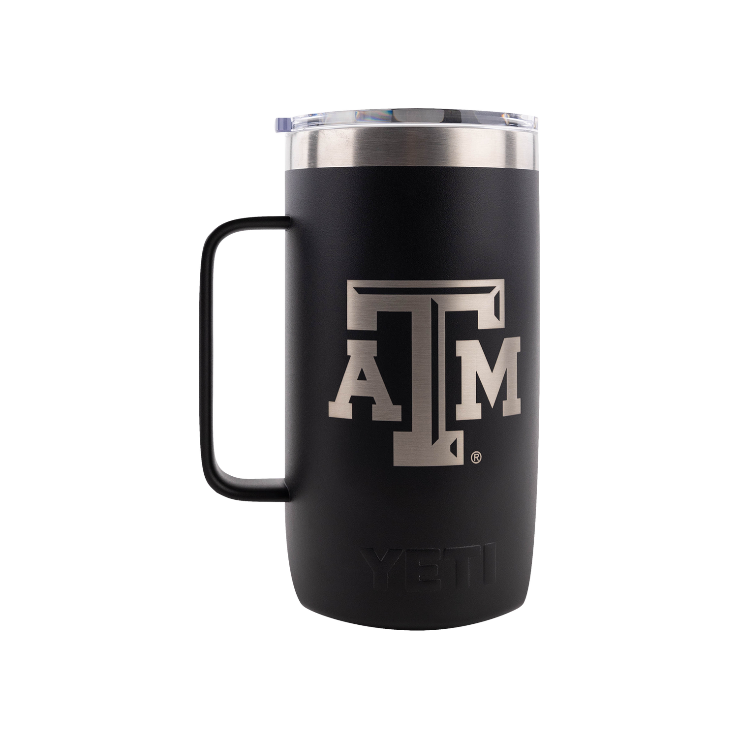 Black YETI mug with silver, beveled ATM logo.