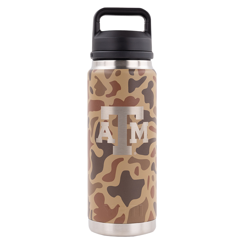 Camouflage-patterned water bottle with 'ATM' logo
